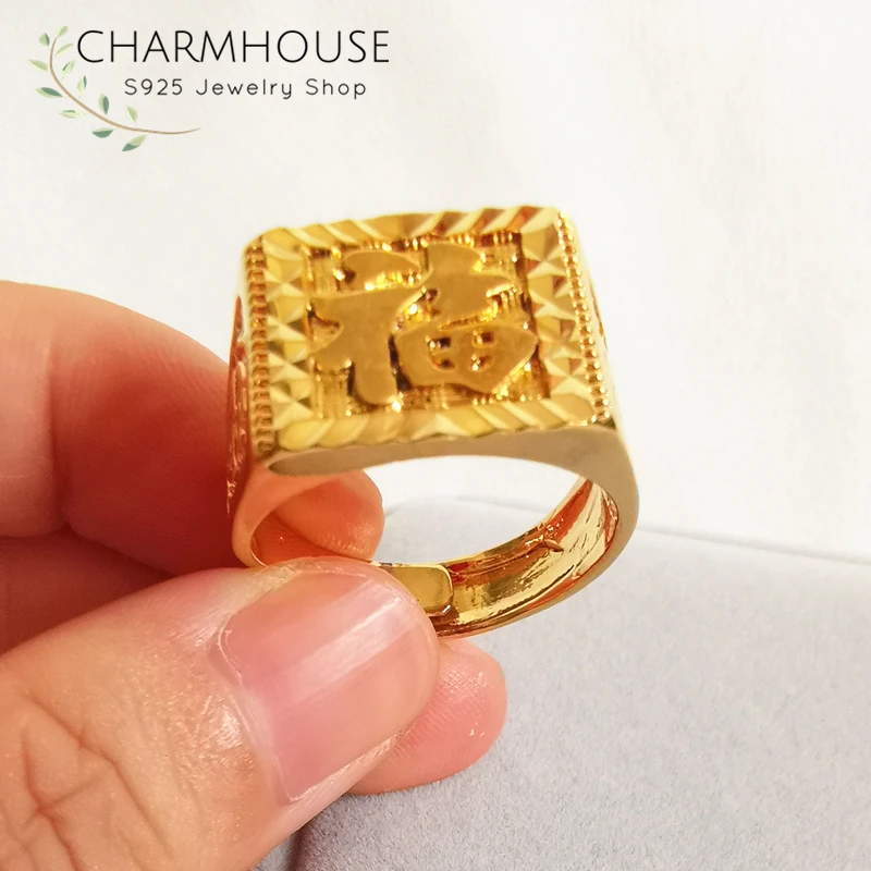 Charmhouse обручальные кольца для мужчин, чистое желтое золото, цвет GP, Большое Квадратное кольцо, высокое качество, Помолвочное кольцо Anel