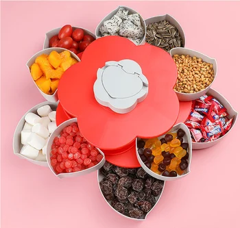 

Petal-Shape Rotating Snack Box candy Tray food Storage with 5 Removable Compartments Rotary Switch Dried Fruit Organized Storage