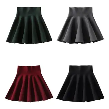 

Women High Rise Pleated Mini Skater Skirt Plain Solid Color Knitted Short Dress