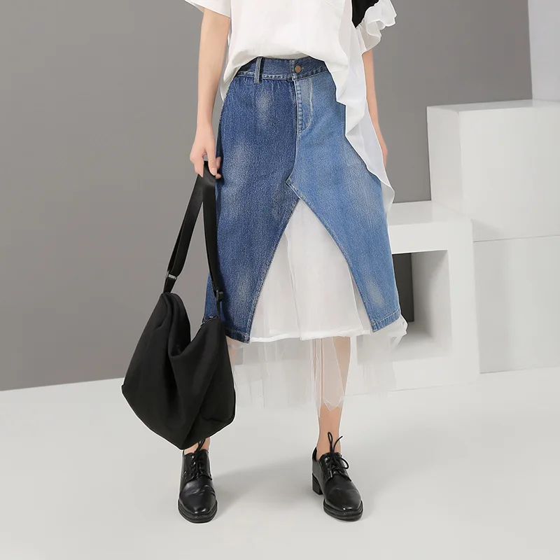 

[YaLee] New Fashion 2019 Summer Autumn Elastic Waist Irregular Mesh Skirt Lace-up Denim Half -body Skirt Two Pieces Women N034