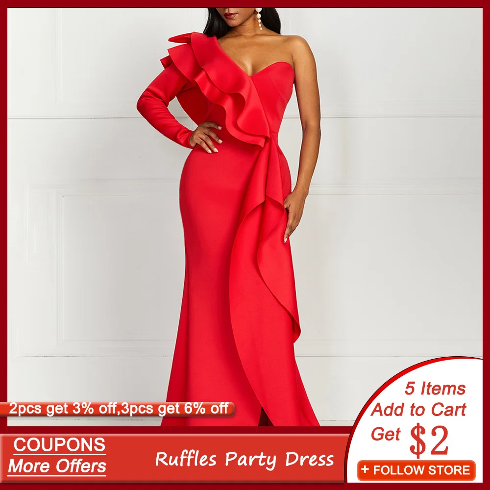 

One Shoulder Sexy Evening Party Dress Women Summer Mermaid Long Dresses Plus Size 2020 African Red Elegant Robe De Soiree