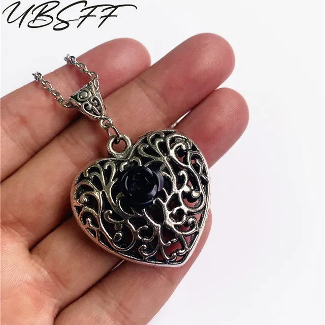 Black Filigree Heart Necklace with Red 
