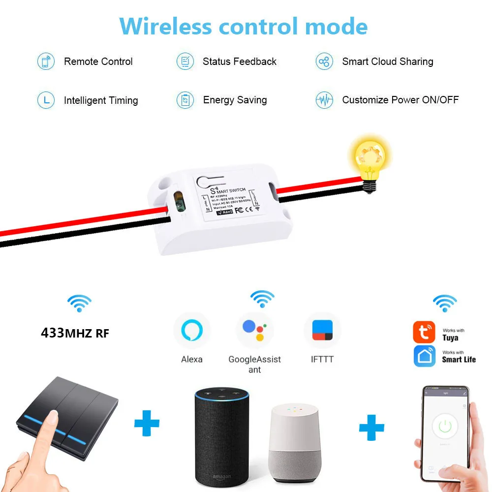  SMATRUL Tuya Smart Life APP WiFi Push Switch Light RF 433Mhz Wall 110V 220V DIY Relay Timer Module  - 4000151889541