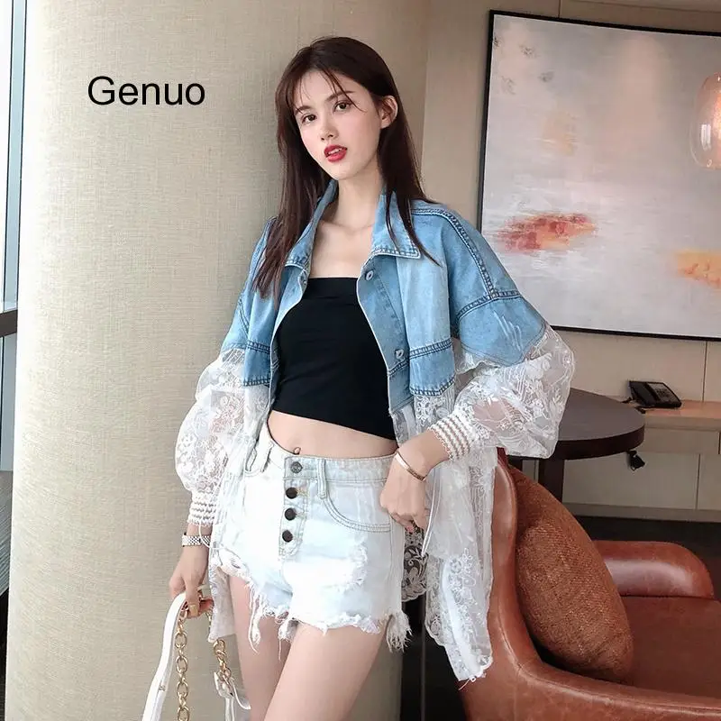 2020 New Summer Fashion Stitching Lace Embroidery Large Size Denim Jacket Women's Coat Loose Perspective Tops Denim Coat