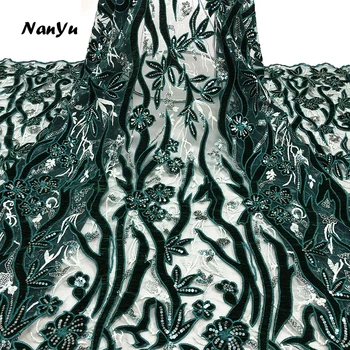 

Upscale Design Laser Cut Lace Fabric Velvet Green Sequined Embroidery African Lace Wedding Dress Material