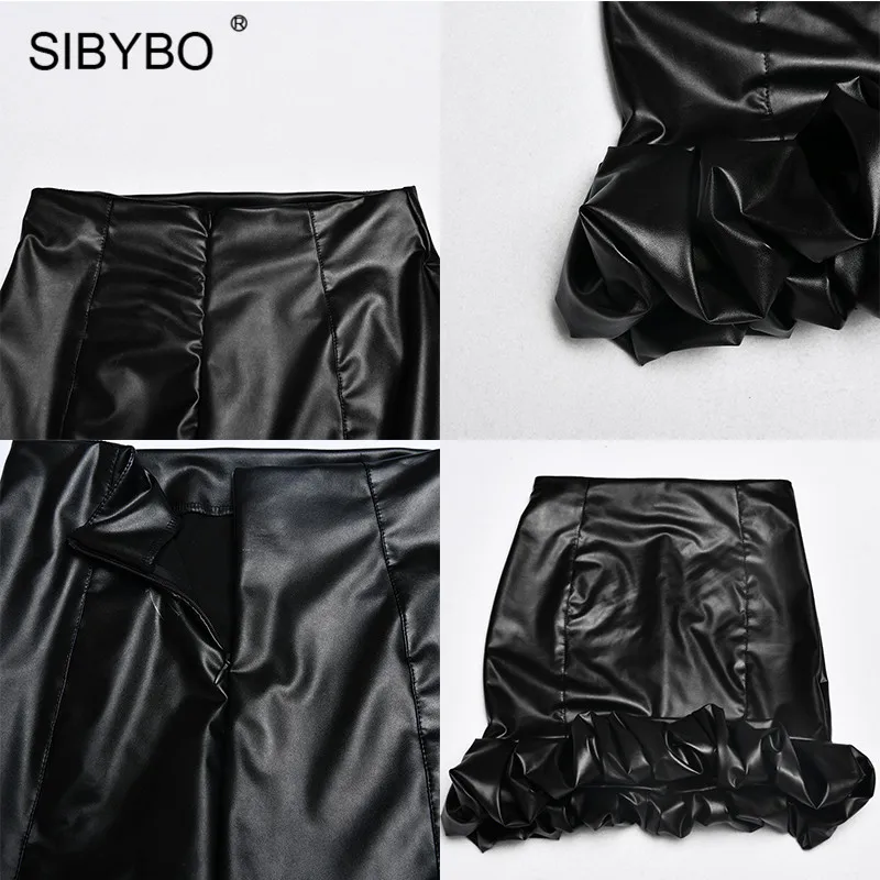 SIBYBO, зимние юбки из искусственной кожи с высокой талией, женская модная облегающая мини-юбка с оборками, черные элегантные женские вечерние юбки