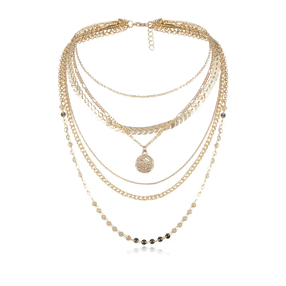 Преувеличенное многослойное ожерелье с кулоном в виде монеты для женщин с блестками и стрелой, цепочка на ключицу, колье, ошейник, массивное ювелирное изделие, подарок