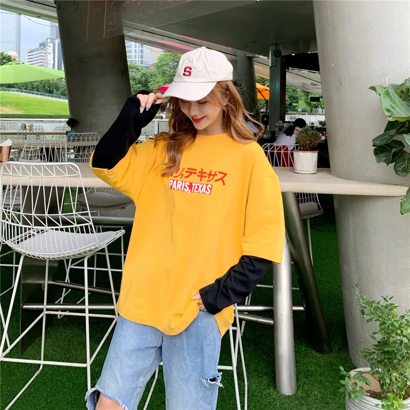 

Harajuku Ulzzang Oversize tshirt letter Patchwork long Sleeve T-Shirts Korean Women 2019 autumn T shirt Female Casual black tops