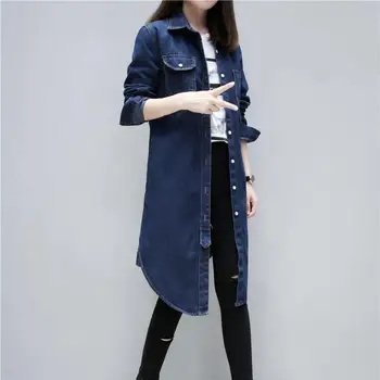 

2019 Plus Size Women Style Long Section Denim Jackets Vintage Button Jean Jacket Autumn Winter Pockets Casual Coat