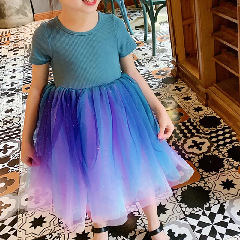 

2020 Sweet Princess Dresses Baby Girls Patchwork Tulle Fashion Dreamy Purple Gradient Sequins Dress Summer Kids Girls Clothes