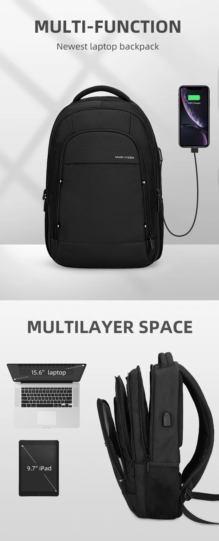 Mark Ryden Fashion 15.6 inch Laptop Backpack Men Multifunctional Waterproof Backpacks Male USB Charging Travel Backpack Mochila