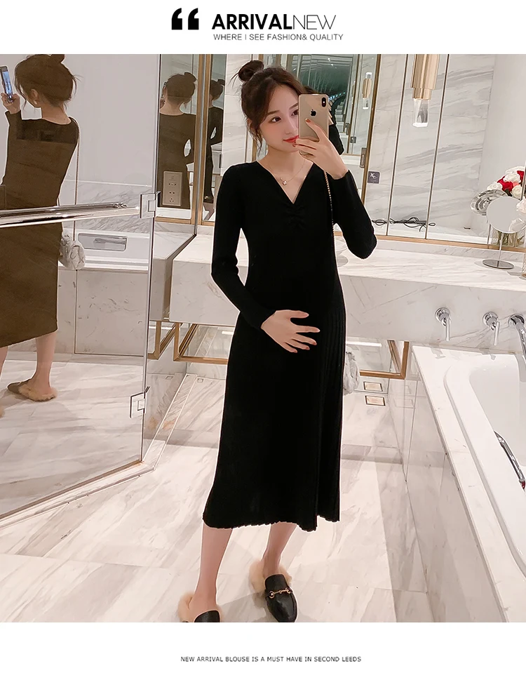 508# осенне-зимнее корейское модное трикотажное платье для беременных с v-образным вырезом, облегающая Одежда для беременных женщин, элегантный кардиган для беременных