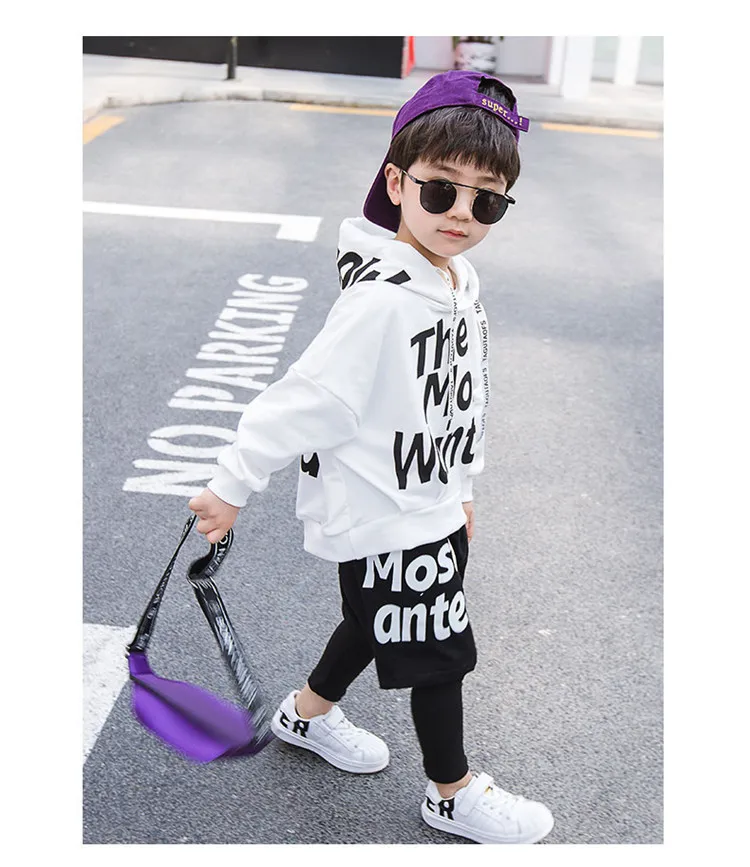 Children Spring New Style Trend Set 19 Years BOY'S Baby Cute Lettered Hooded Two-Piece Set Fashion 2143c07
