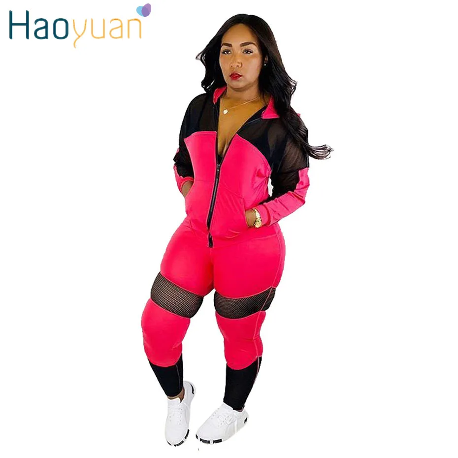 

HAOYUAN Two Piece Set Fall Clothes Casual Tracksuit Long Sleeve Mesh Splice Top and Pant Sweatsuit 2 Piece Outfits for Women