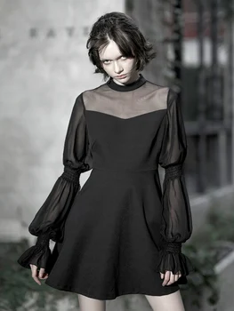 

PUNKRAVE Punk Black Chiffon Strapless Dress Sexy Segmented Puff Sleeves A Word Slim Little Black Dress