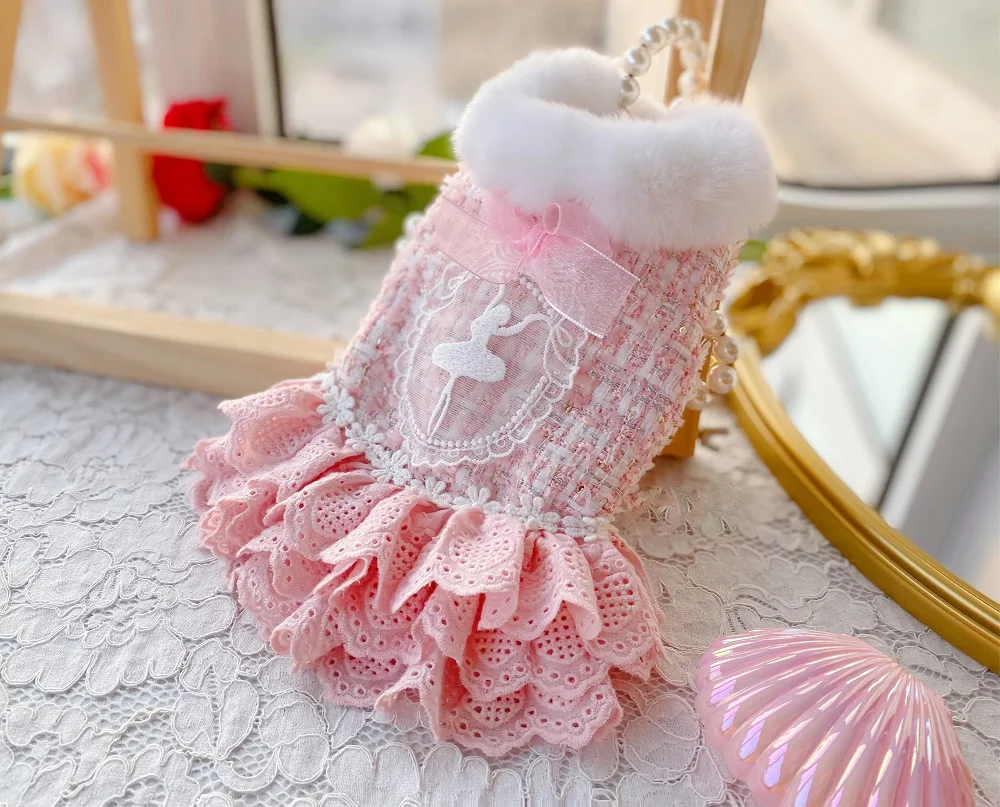 Handmade Tweed Dog Clothes Coat Pet Dress Cute Pink Fur Collar Lace Skirt Princess Style Winter Outfit Poodle Yorkie Maltese | Дом и сад