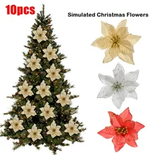 10 шт. искусственные с блестками Poinsettia Цветок Рождественский поддельный цветок Золотая граница цветы Рождественская елка Гирлянда Декоративные DIY подарки