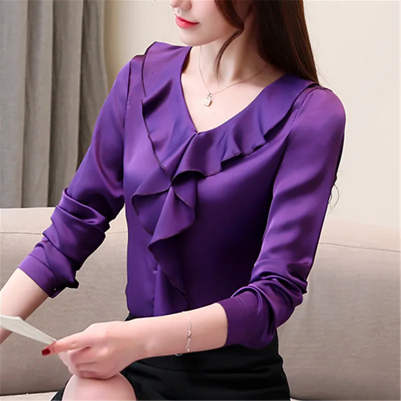 

2019 Fashion Spring Chiffon Ruffle Women Blouses And Top Long Sleeve V Neck Solid Color Casual Shirts Plus Size Blusas Clothing