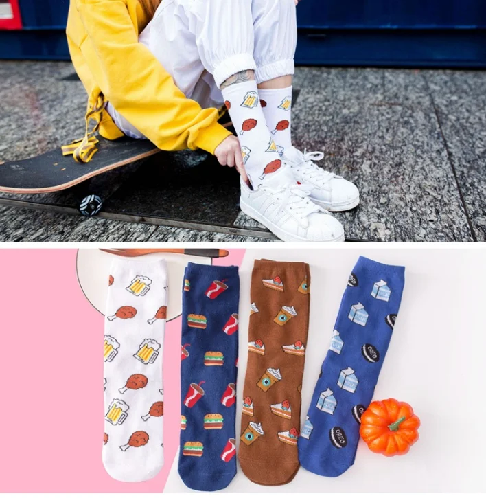 Новые модные женские носки, Забавные милые Мультяшные носки с фруктами, бананами, авокадо, лимоном, яйцом, пончиками, японские носки Harajuku для скейтборда, Размеры 35-40