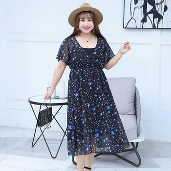 

Women's summer chiffon printed two-piece dress plus size calf length casual dress 100 kg can be worn