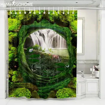 

Moss Tree Hole Shower Curtains 3D Bathroom Curtain Waterfall Elk Decorative Bath Curtain Waterproof Mildewproof Fabric with Hook