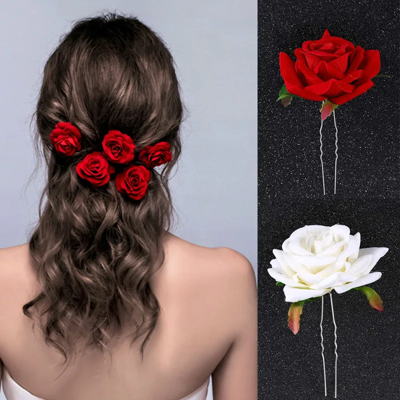 Forcine per capelli rosse a forma di U fermagli per capelli accessori per  capelli da sposa per le donne copricapo con fiori di rosa forchette  copricapo da sposa gioielli per capelli