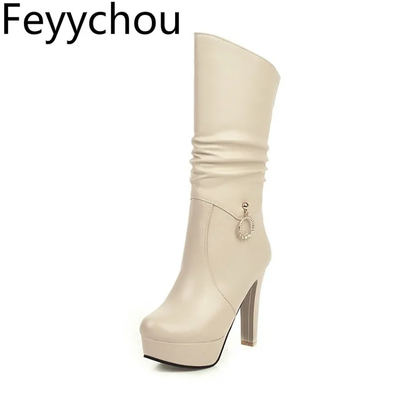 

Women's Boots Autumn Winter Warm Super High Heel Round Toe Zip Mid-calf Platform Crystal Motorcycle Shoes2019 Sexy Fashion White