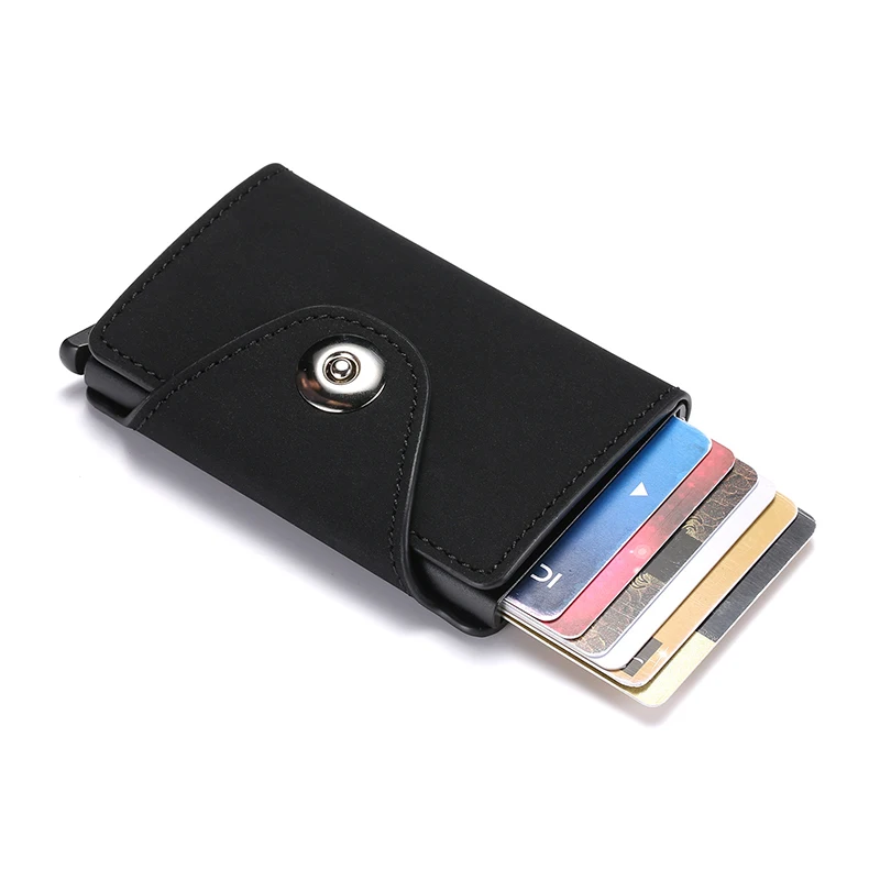 

Aluminum Leather Credit Card Case Automatic Card Holder Wallet with RFID Blocking Credit Card Short Coin Purses for Women