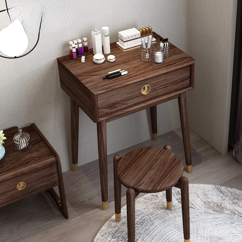 

TT Solid Wood Dressing Table Small Apartment Nordic Ugyen Wood Walnut Color Modern Simple Makeup Table with Makeup Mirror Light