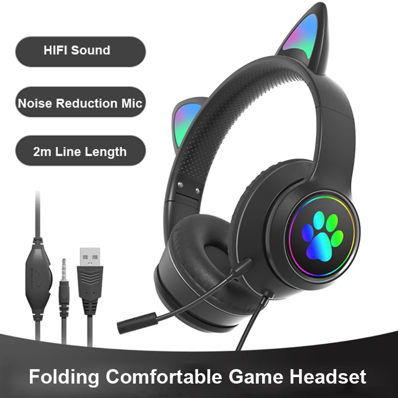 Wired Gaming Headset Cat Ear Headphones For PC Computer Pink Headsets with Noise Reduction Microphone RGB Colorful Light