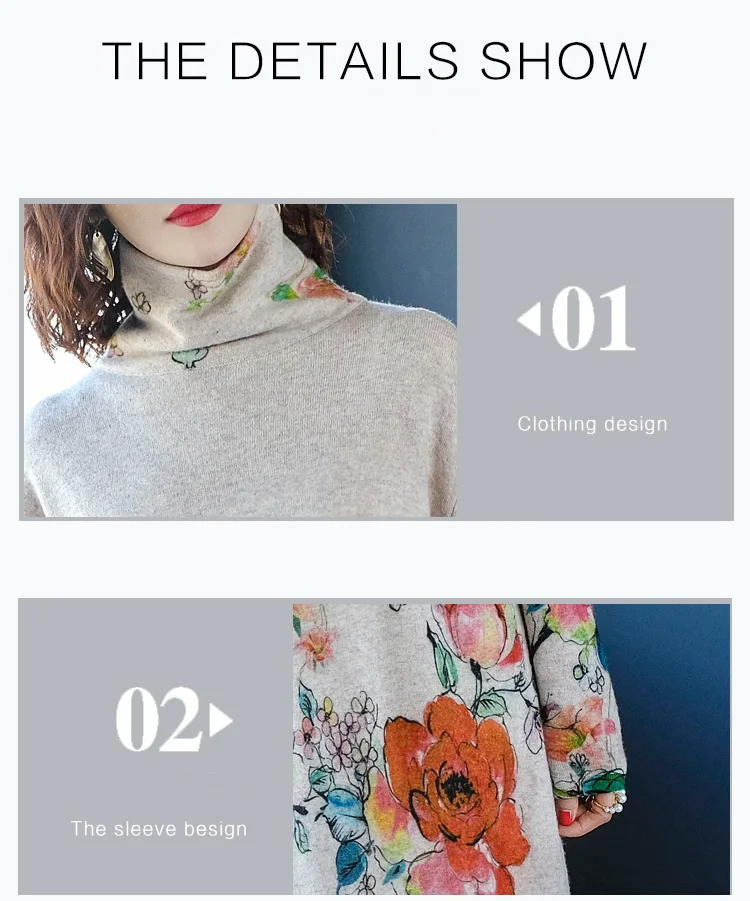 Fall Winter Vintage Women Turtleneck Long Sleeve Loose Floral Printed Cashmere Sweater Dress Woman Knitted Sweaters Dresses