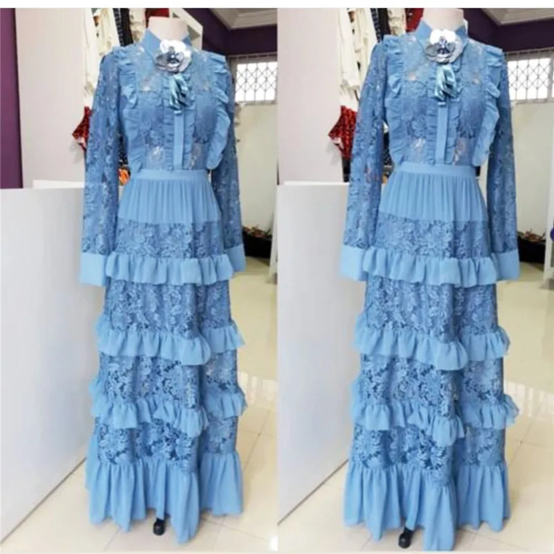 Women Dashiki African Long Dress Fashion Ladies Lace Long Sleeve Edge Stitching Multi-layer Cake Dress Large Size XL-3XL