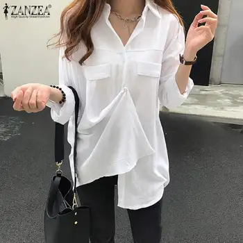 

ZANZEA Womens Blouses Office Lady Long Sleeve Shirts Casual Solid Tunic Tops Lapel Neck Buttons Down Blusas Chemise Plus Size