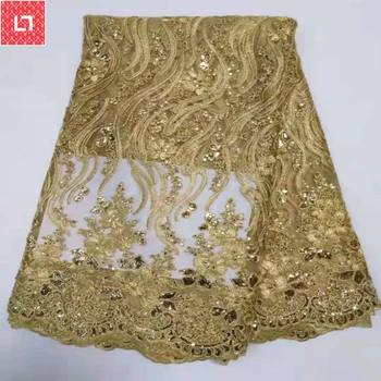 

Latest Bridal Yellow Lace Material Arfican Sequin Lace Fabric Dresses, Newest Embroidery Lace Wedding Fabric