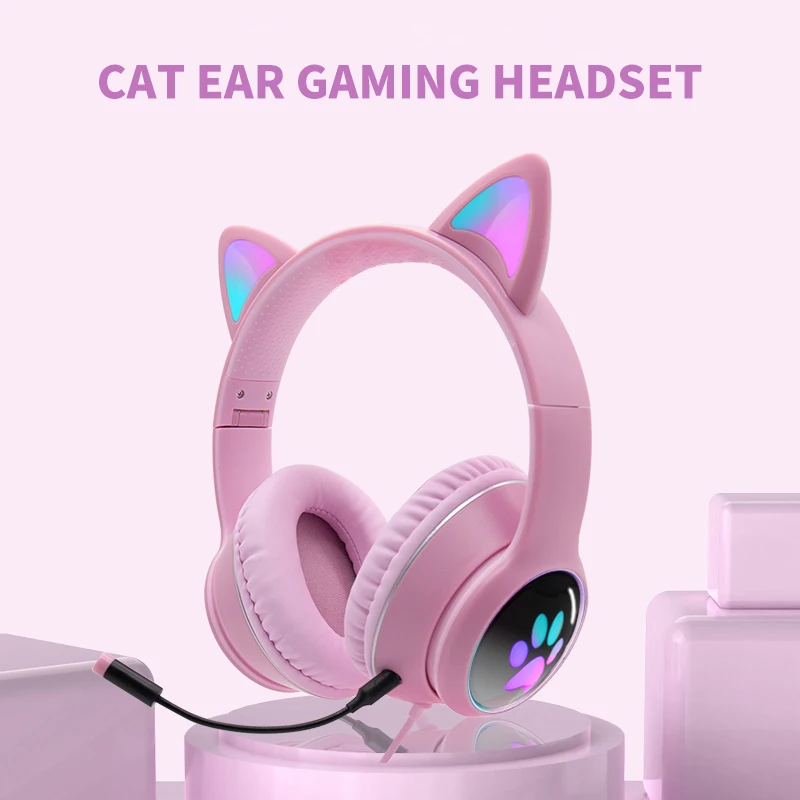 RGB Pink Girls Cat Ear Wrieless Headphones With Mic Noise Cancelling 7.1Kid Headset Gamer Child gift | Электроника