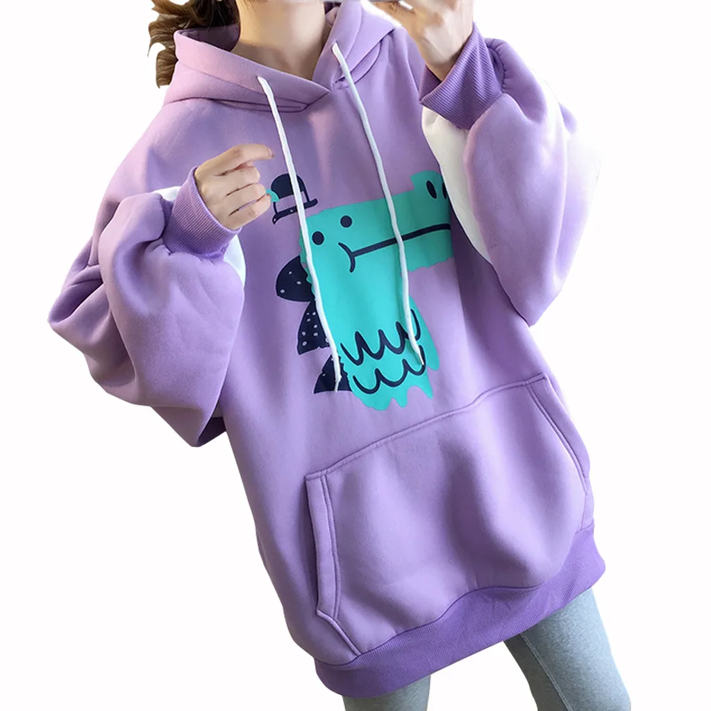 Winter Women Casual Loose Hoodie Dinosaur print Sweatshirt Hooded Pullover Coat sudaderas para mujer dropshiping W1023 - Цвет: Purple