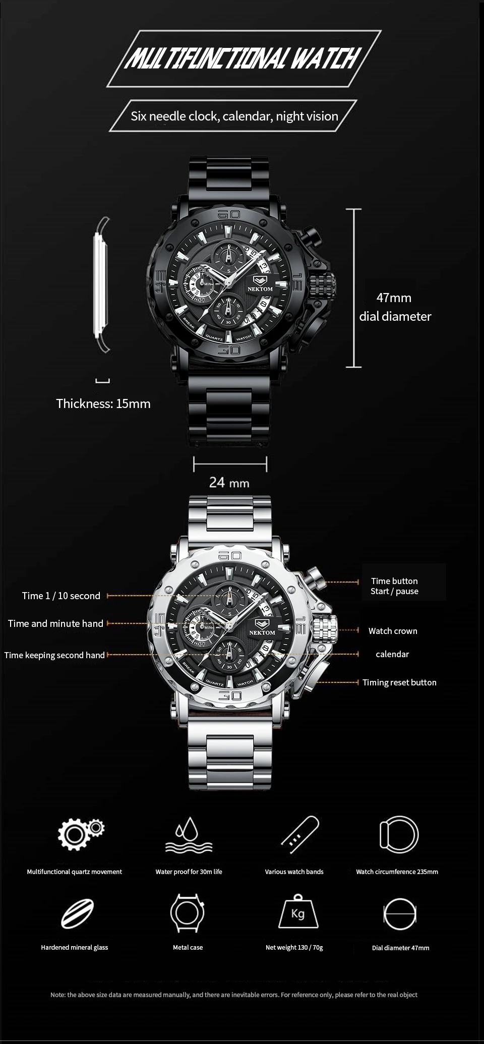 NEKTOM Men's Watches Quartz Watch Waterproof Watches Steel Strap Wristwatch Watches For Men Military Watch Clock Sports Watches