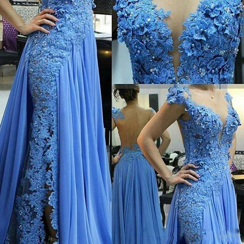 long sleeve evening gowns Modest Design Blue Mermaid Evening Dresses Sheer Jewel Neck Cap Sleeves Lace Appliques Beads Chiffon Formal Party Prom Gowns evening wear dresses