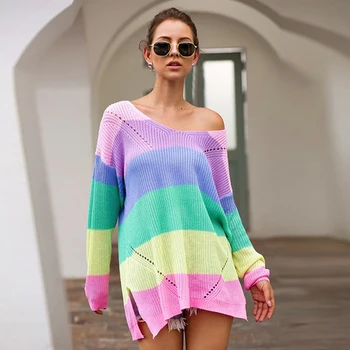 

Autumn Womens Rainbow Sweater Casual Multicolor Knitted Sweaters 2019 Female Striped Jumper Plus Size Harajuku V Neck Pullover