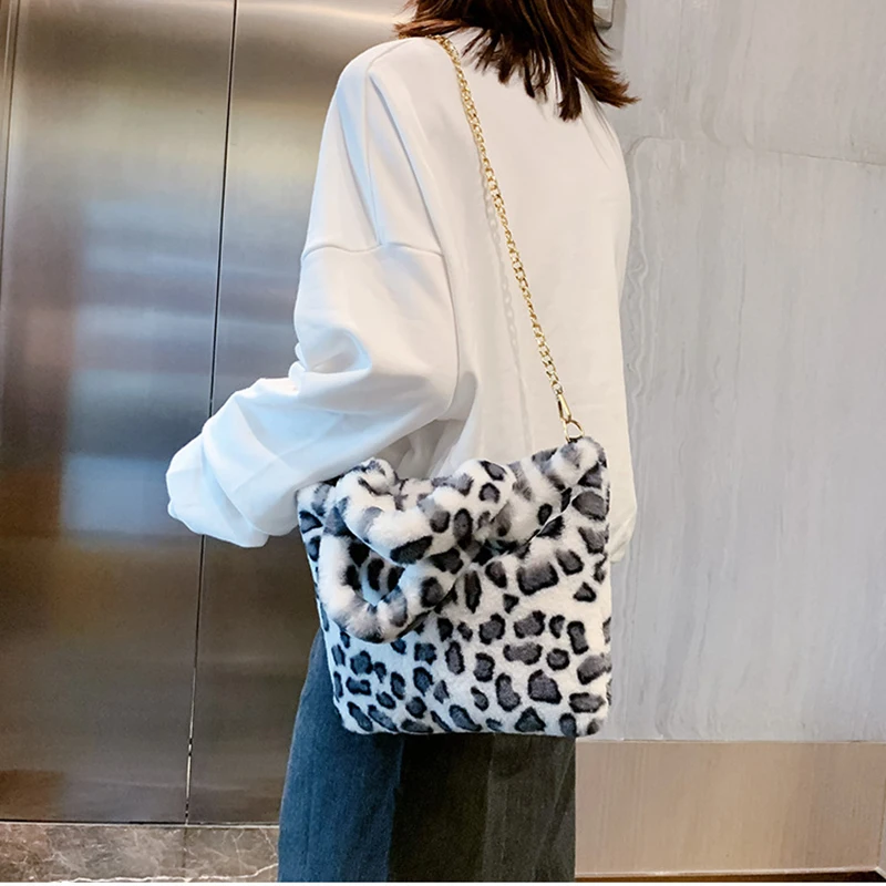 Новая модная женская сумка на плечо с леопардовым принтом на молнии с цепочкой, большая плюшевая зимняя сумка, сумка-мессенджер, мягкая