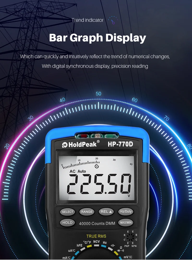HoldPeak HP-770D Многофункциональный цифровой мультиметр с автоматическим диапазоном, мультиметровый измерительный Ом Вольт Ампер Esr конденсатор тестер 40000 отсчетов