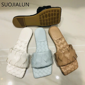 

SUOJIALUN 2020 New Summer Woven Slippers Brand Design Slip On Slides Outdoor Beach Flat Casual Flip Flops Open Toe Slide Sandal