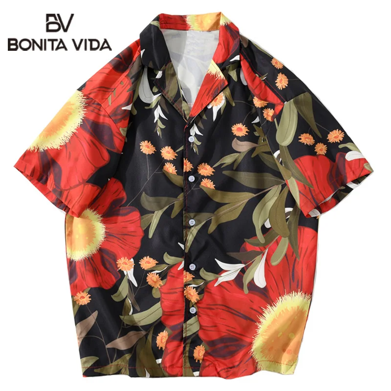

Bonita Vida Flowers Leaves Print Shirts Mens Summer Casual Beach Aloha Holiday Floral Tropical Hawaiian Shirts Button Down Tops