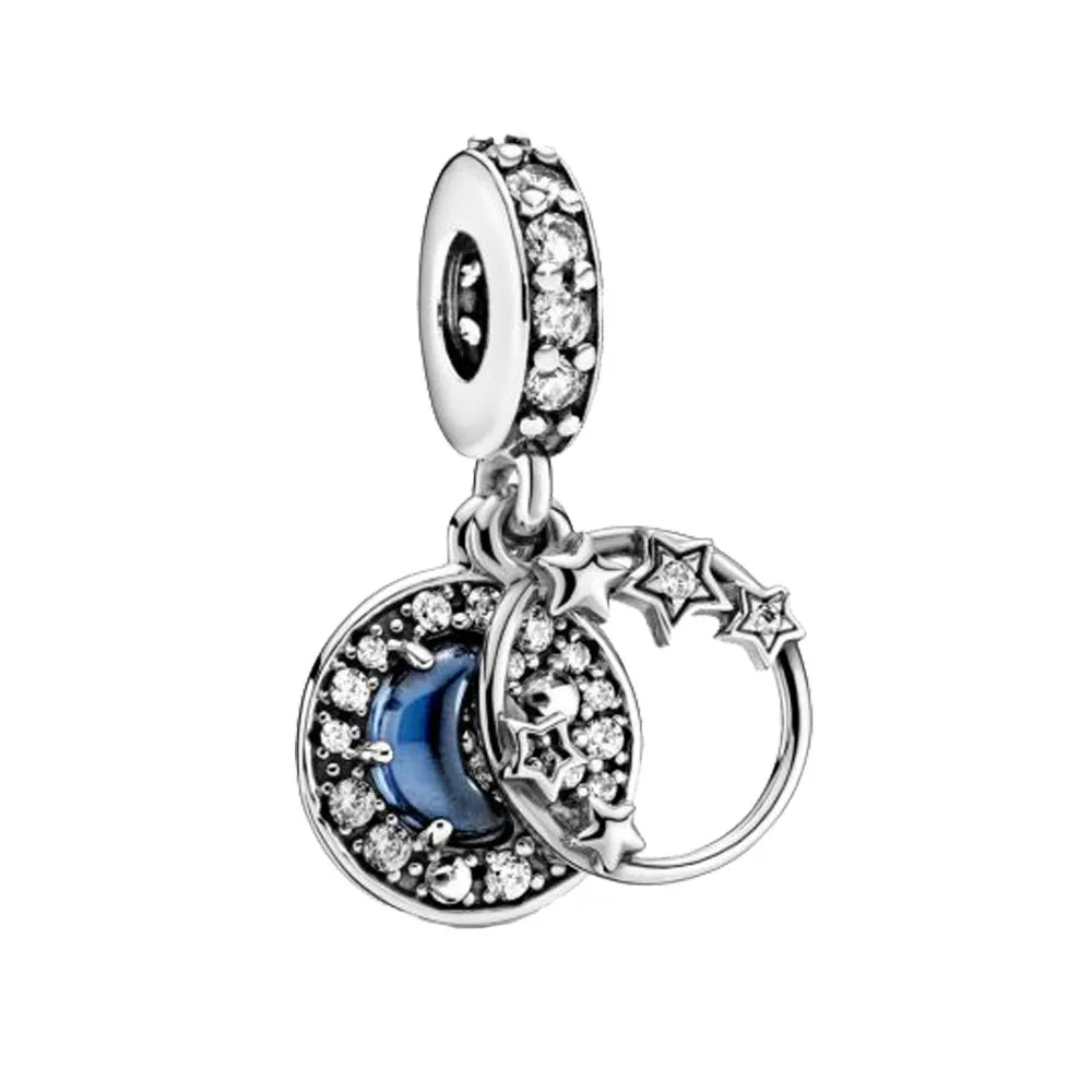 

2020 New 925 Sterling Silver Beads Blue Night Sky Crescent Moon & Stars Charm fit Original Pandora Bracelet Christmas Jewelry