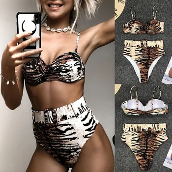 

2020 New Arrival Female Intimate Women Leopord Printing Bathing Suit Split Underwear Set Push Up Padded Biquini Bandage Lengerie
