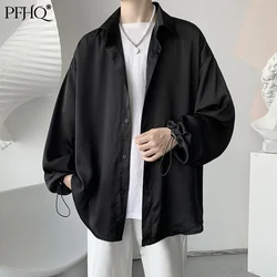 PFHQ 2021 New Men's Fashion Loose Solid Color Lapel Korean Ice Silk Sunscreen Clothes Drawstring Shirt Spring Autumn 21F056
