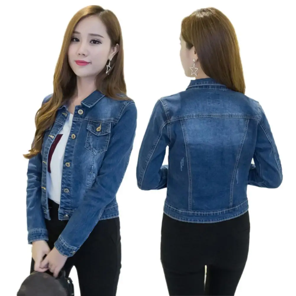 

2019 autumn wither Women Short Jeans Jacket Slim Turn Down Collar Long Sleeve Button Denim Outwear New Chic Vintage