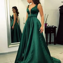 Специальная цена изумрудно-зеленые мусульманские Вечерние платья А-силуэта с v-образным вырезом из сатина Дубай Саудовская Арабская открытая спина длинное вечернее платье простое