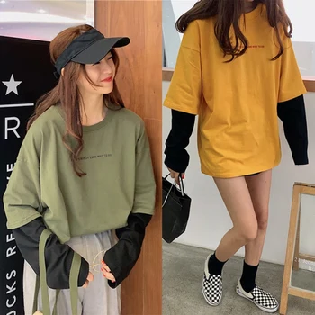 

Ladies Autumn Winter Fashion Long-sleeved Hoodies Loose Harajuku Style Fake Two-piece Bottoming Streetwear Sweatshirts