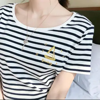 

women knit Striped sailboat embroidery printing knit short sleeves T shirt with little star